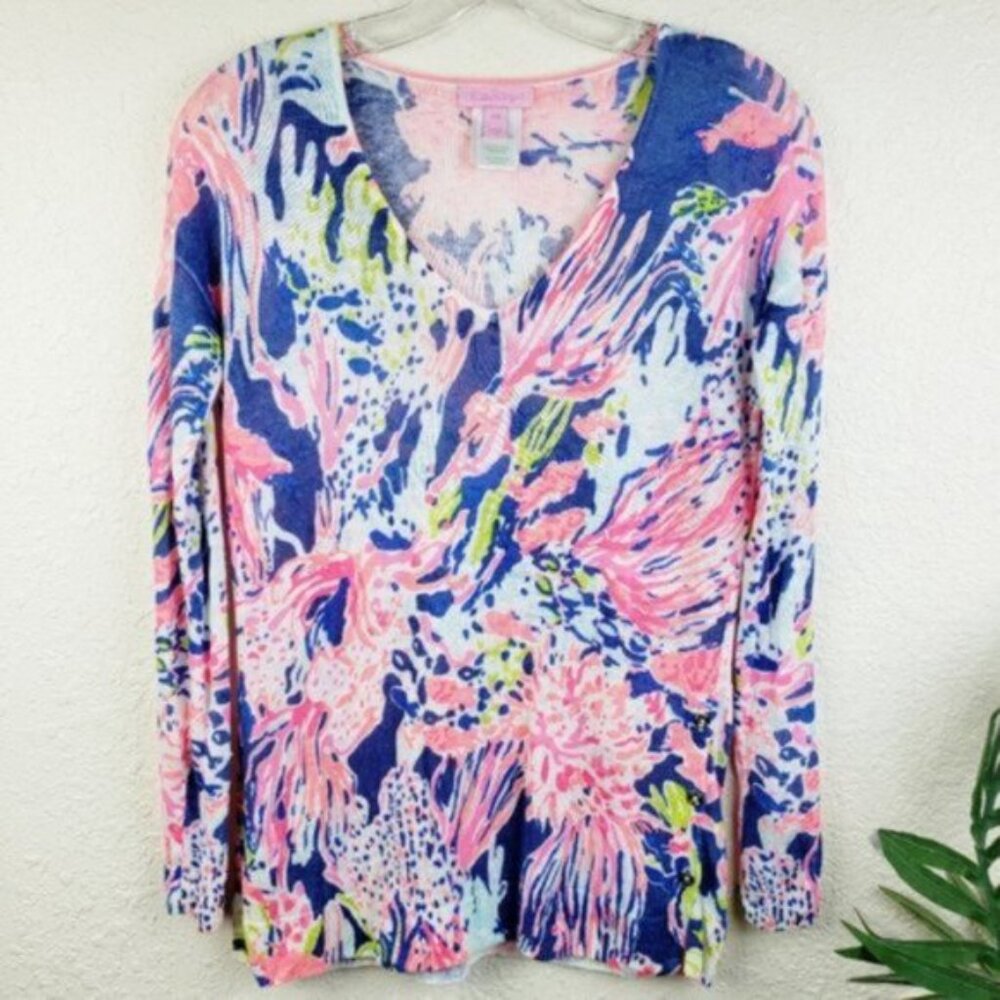 Lilly Pulitzer 100% Linen LIESEL SWEATER Indigo Sunken Treasure V-Neck size XXS